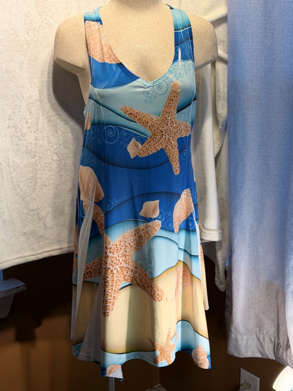India Boutique Blue & Tan Starfish Midi Dress beach M-L 20.5 ptp